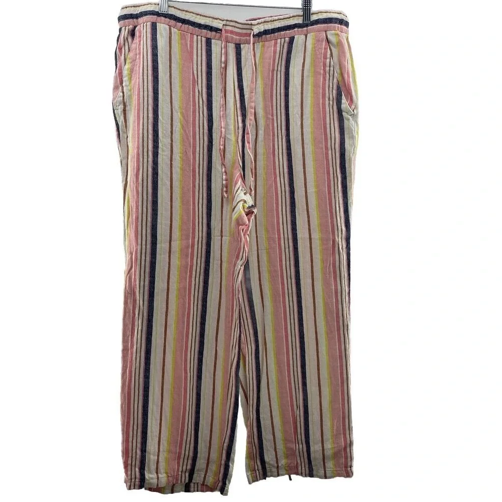 Old Navy Size XL Pants High Waisted Linen Blend Wide Leg Striped Pull On Elastic - Picture 2 of 11